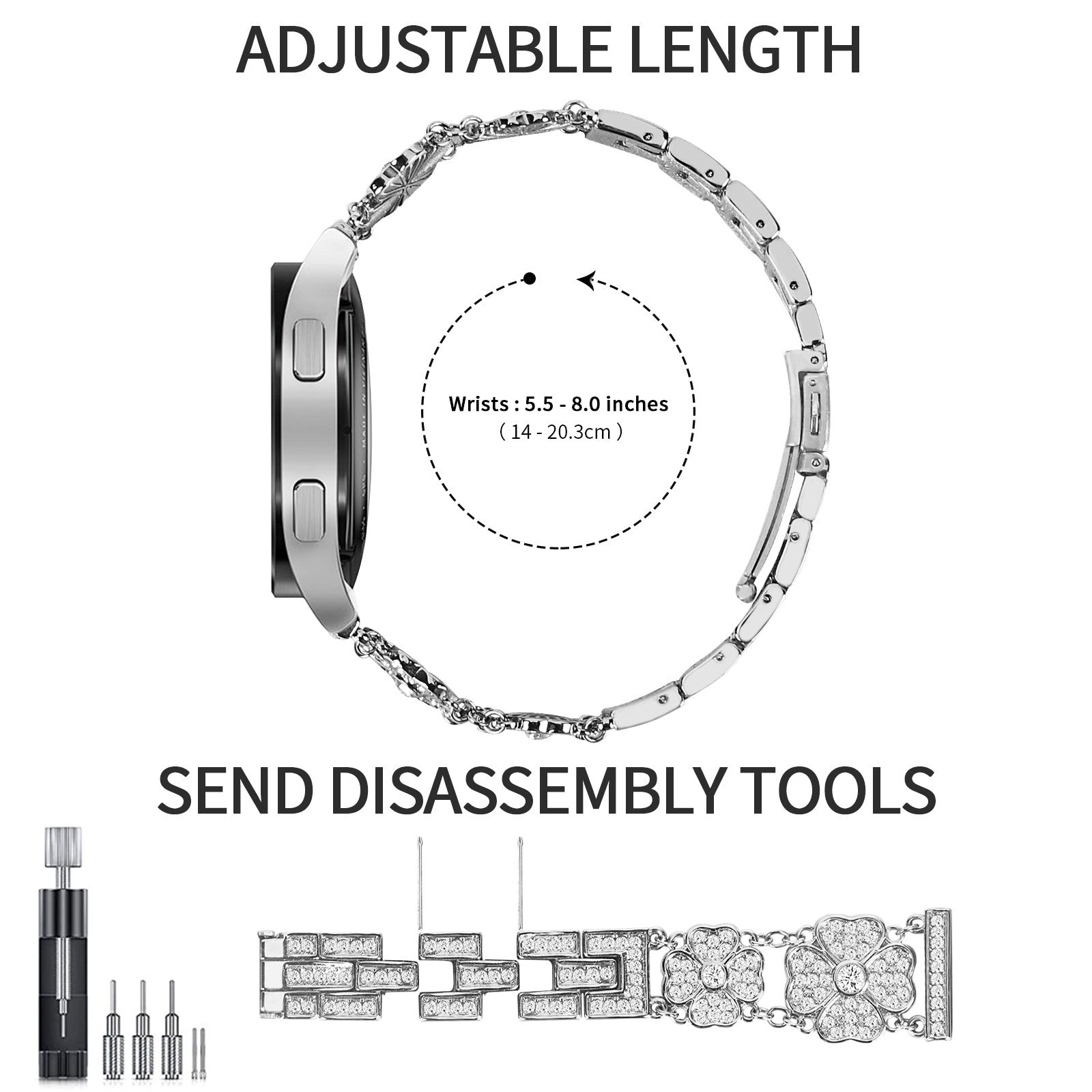 For Samsung Galaxy Watch6 40mm 44mm Watch6 Classic 43mm 47mm Watch 5 40mm 44mm 5 Pro 45mm Watch4 40mm 44mm Metal Watch Band 20mm Rhinestone Clover Wrist Strap For Samsung Galaxy Watch6 40mm 44mm Watch6 Classic 43mm 47mm Watch 5 40mm 44mm 5 Pro 45mm Watch4 40mm 44mm Metal Watch Band 20mm Rhinestone Clover Wrist Strap